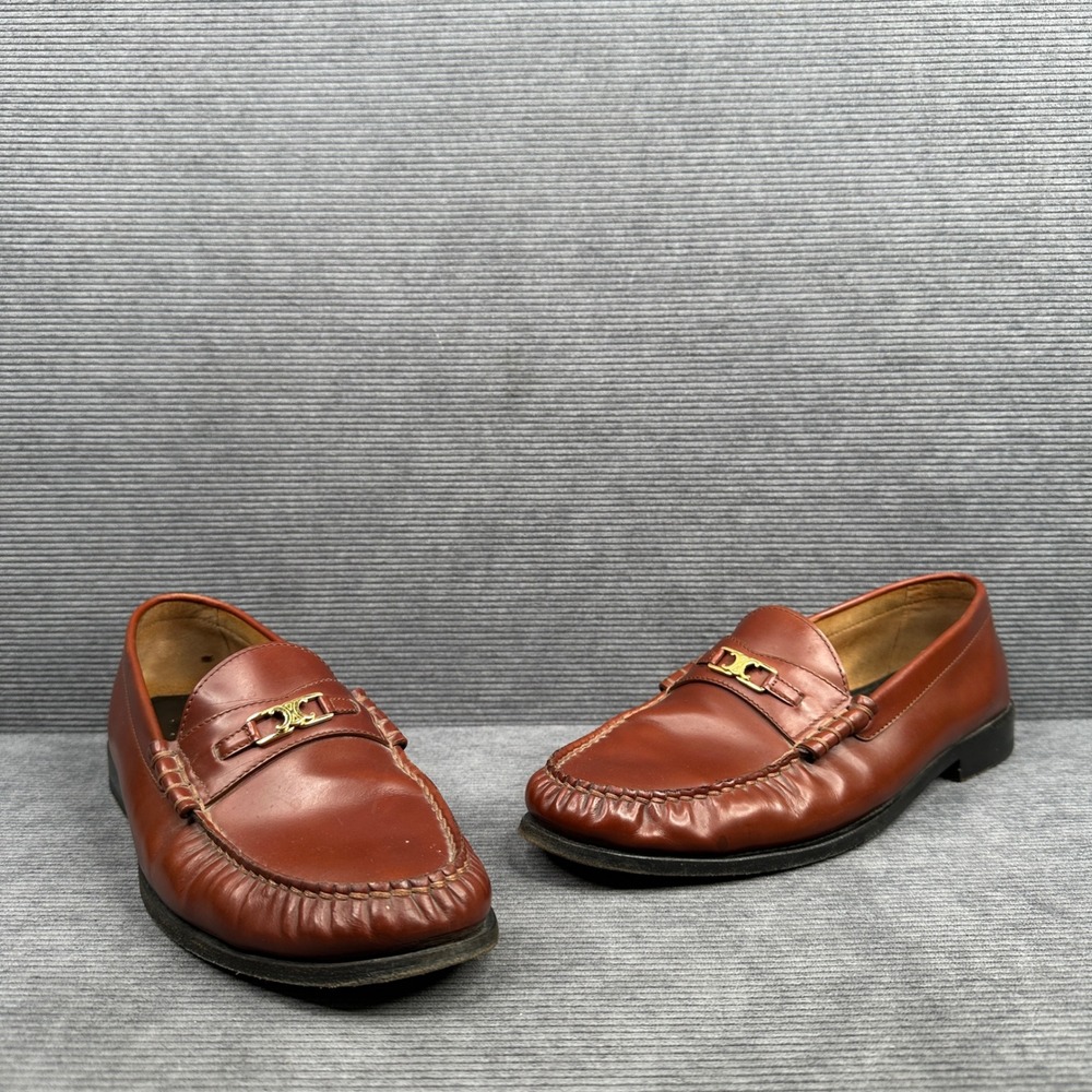 Celine Triomphe Leather Loafers Brown Gold Hardware y2k Italy 42 190010268 Vtg